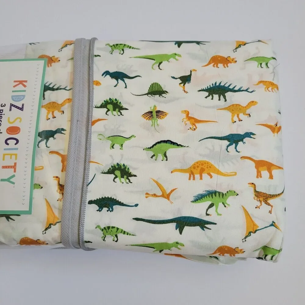 Green Yellow Dinosaurs Triceratops Pterodactyl 3 pc Twin Sheet Set Kids Jurassic